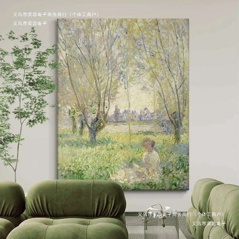 手绘油画名画莫奈玄关装饰画白杨树风景看书印象下女客厅挂画人物