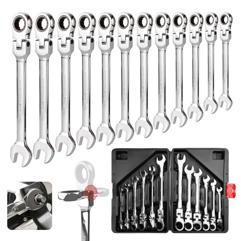 12PCS 8-19mm棘轮扳手钥匙套装扳手手动工具铬钒钢72齿磨砂抛光柔