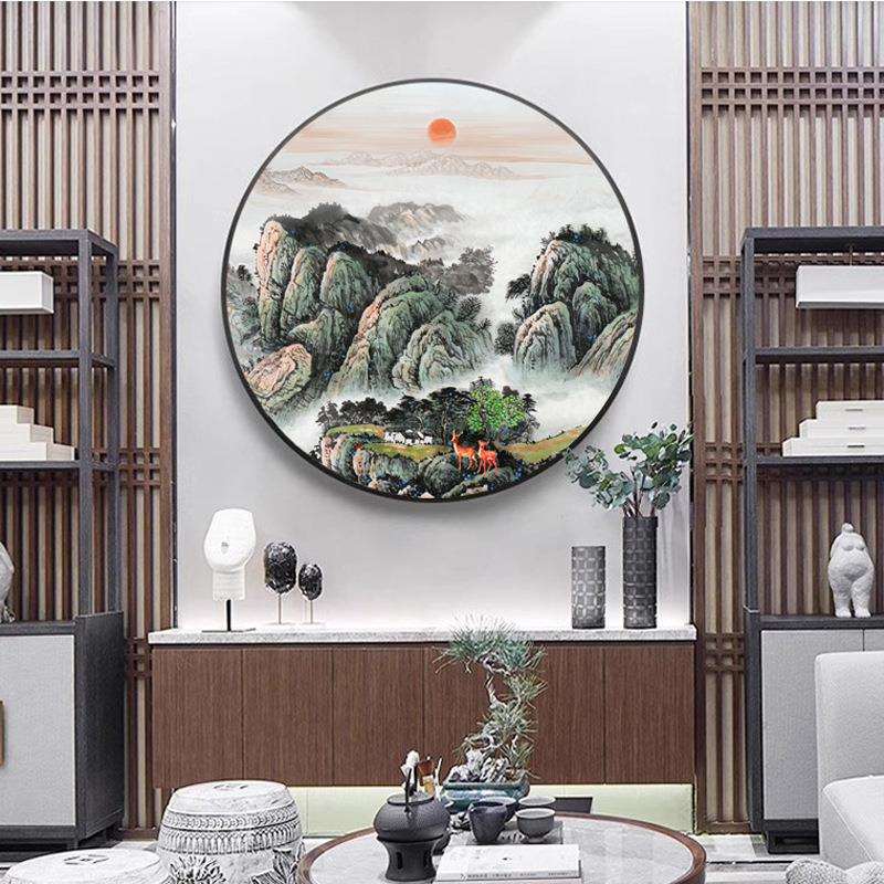 泰山日出图日出东方招财风水进门玄关画圆形有山无水靠山图挂画