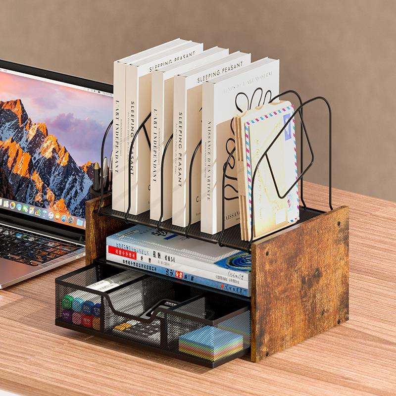 跨境三层网状办公桌收纳盒木质桌面文件整理带抽屉家庭办公收纳架