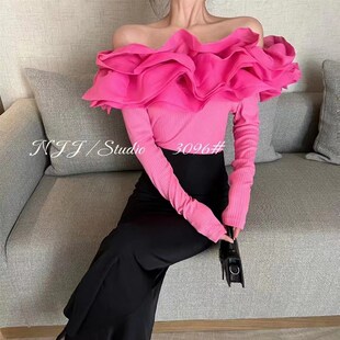 复古气质个性立体花朵一字领露肩长袖T恤女洋气短款露肚脐上衣春