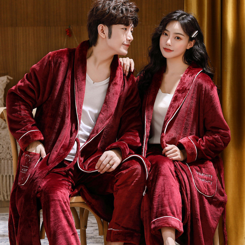 睡衣男秋冬季珊瑚绒两件套睡袍女加厚法兰绒浴袍长款家居服带睡裤