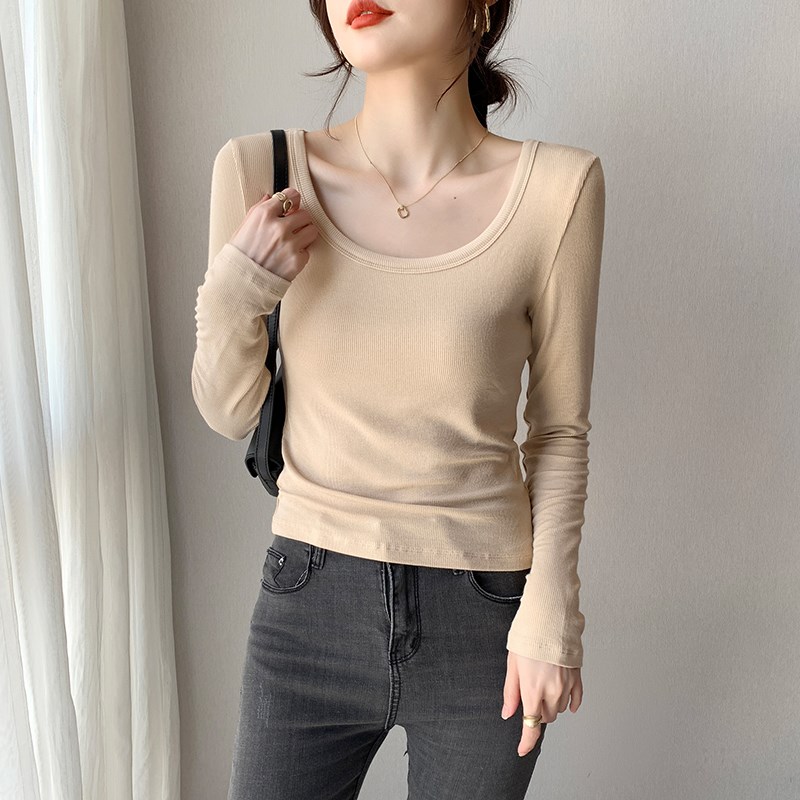 杏色螺纹圆领打底衫长袖女2024年新款秋冬季内搭修身简约打底上衣