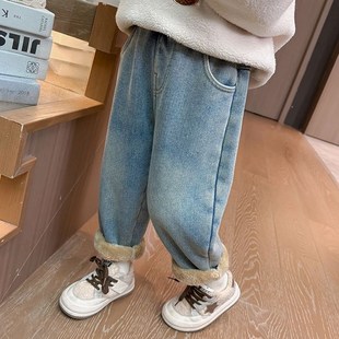 加厚休闲裤 女童加绒牛仔裤 子女宝宝冬季 儿童洋气一体绒老爹裤 冬装