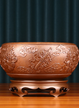 紫铜八宝吉祥鉢聚宝盆摆件客厅玄关书柜办公室花盆家居装饰品摆设