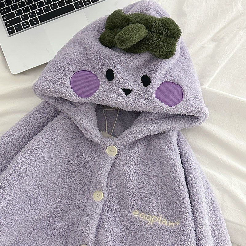 睡袍女秋冬季珊瑚绒加厚绒法兰绒紫色茄子长款浴袍连帽睡衣家居服