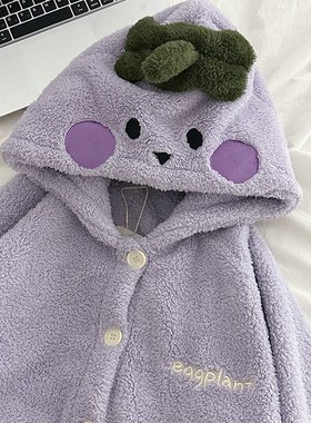 睡袍女秋冬季珊瑚绒加厚绒法兰绒紫色茄子长款浴袍连帽睡衣家居服