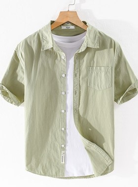 纯棉短袖衬衣男士青年休闲宽松基础百搭白色翻领衬衫舒适开衫上衣