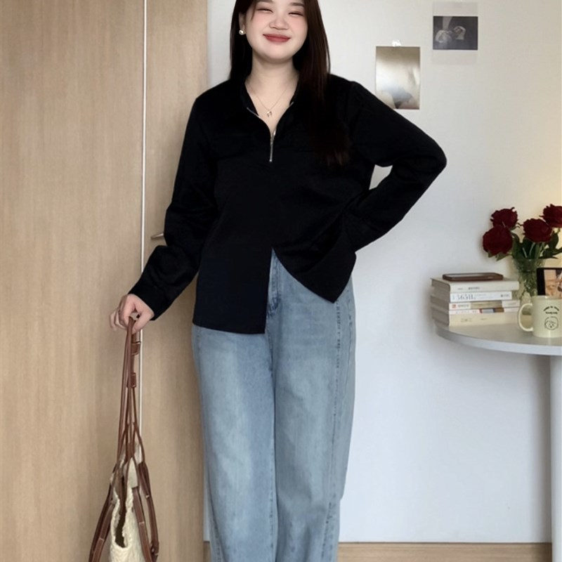 微胖的喵喵 大码女生秋季气质百搭宽松显瘦开叉长袖衬衫上衣 6937