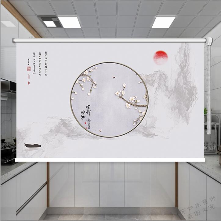 复古新古典山水卷帘窗帘客厅办公室背景墙书房免打孔遮光拉珠拉链