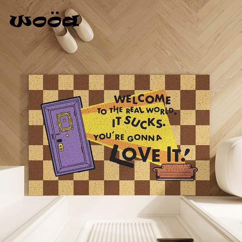 老友记进门入户门丝圈地垫格子黄色趣味卡通片蹭土创意耐脏脚垫