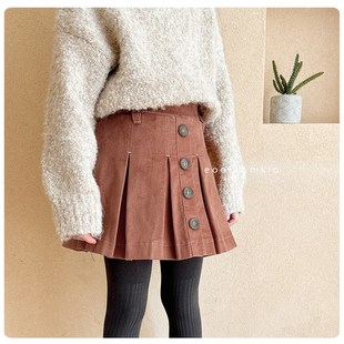 女童小资灯芯绒半身裙休闲百褶短裙儿童洋气春秋冬装裙子2024新款