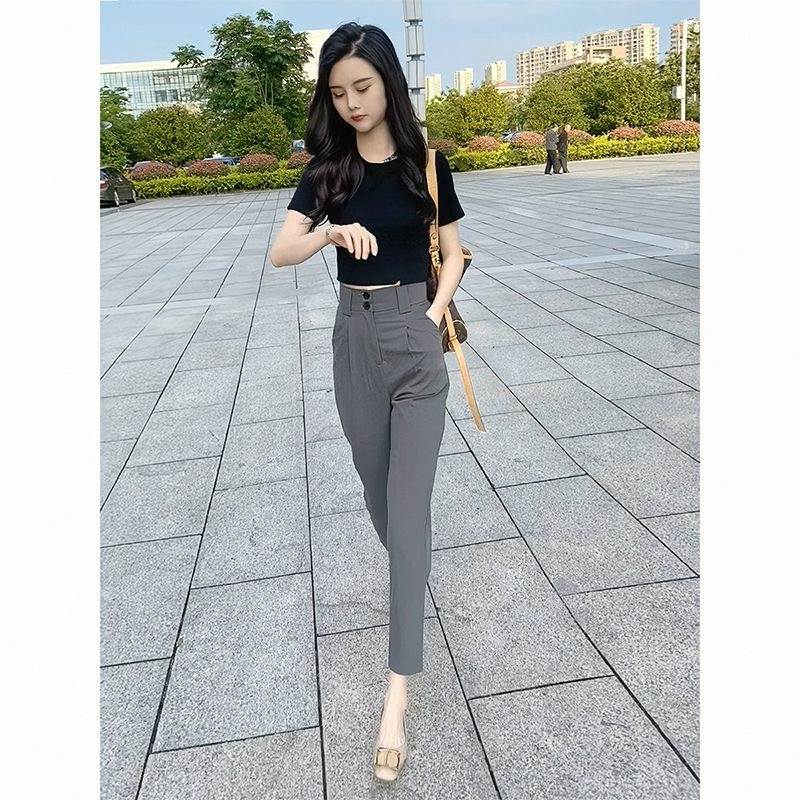 高腰夏季两件套气质T恤西装九分裤新款短袖时尚套装女小个子职业