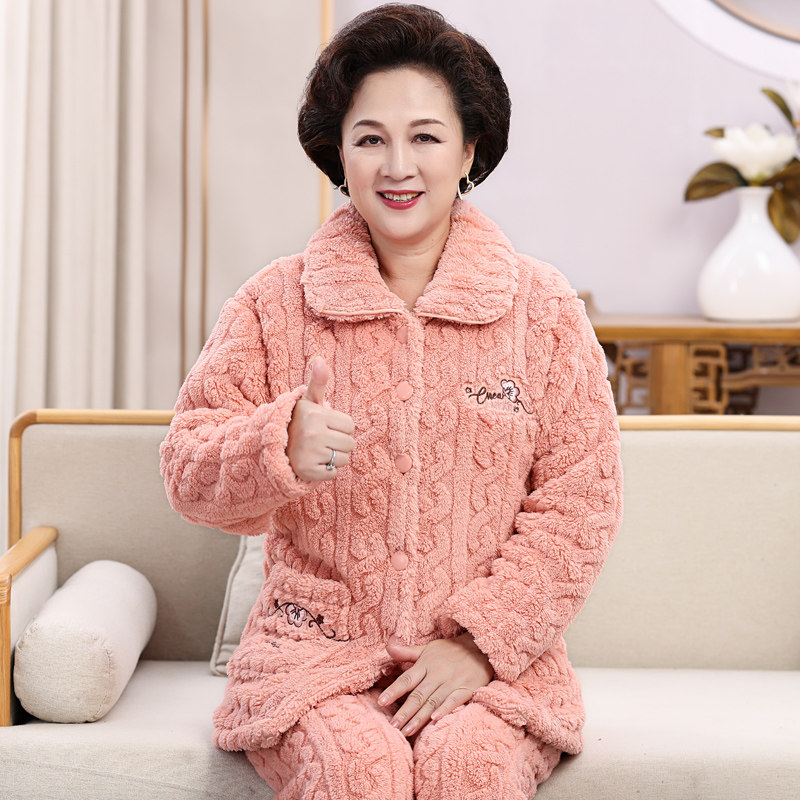 睡衣女士秋冬季珊瑚绒加厚中老年人法兰绒保暖加绒家居服妈妈冬款
