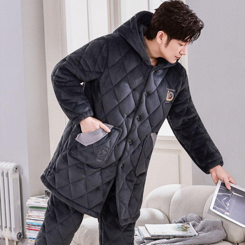 加长款连帽秋冬季男士睡衣珊瑚绒加厚加绒保暖三层夹棉家居服套装