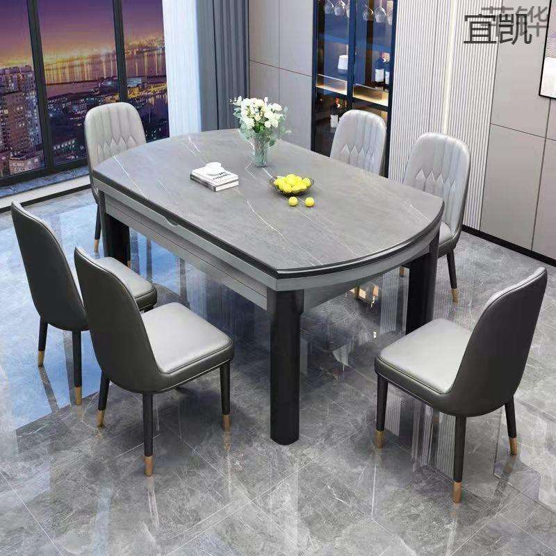 YP5岩板实木餐桌椅组合现代简约伸缩折叠可变圆桌家用小户型实木