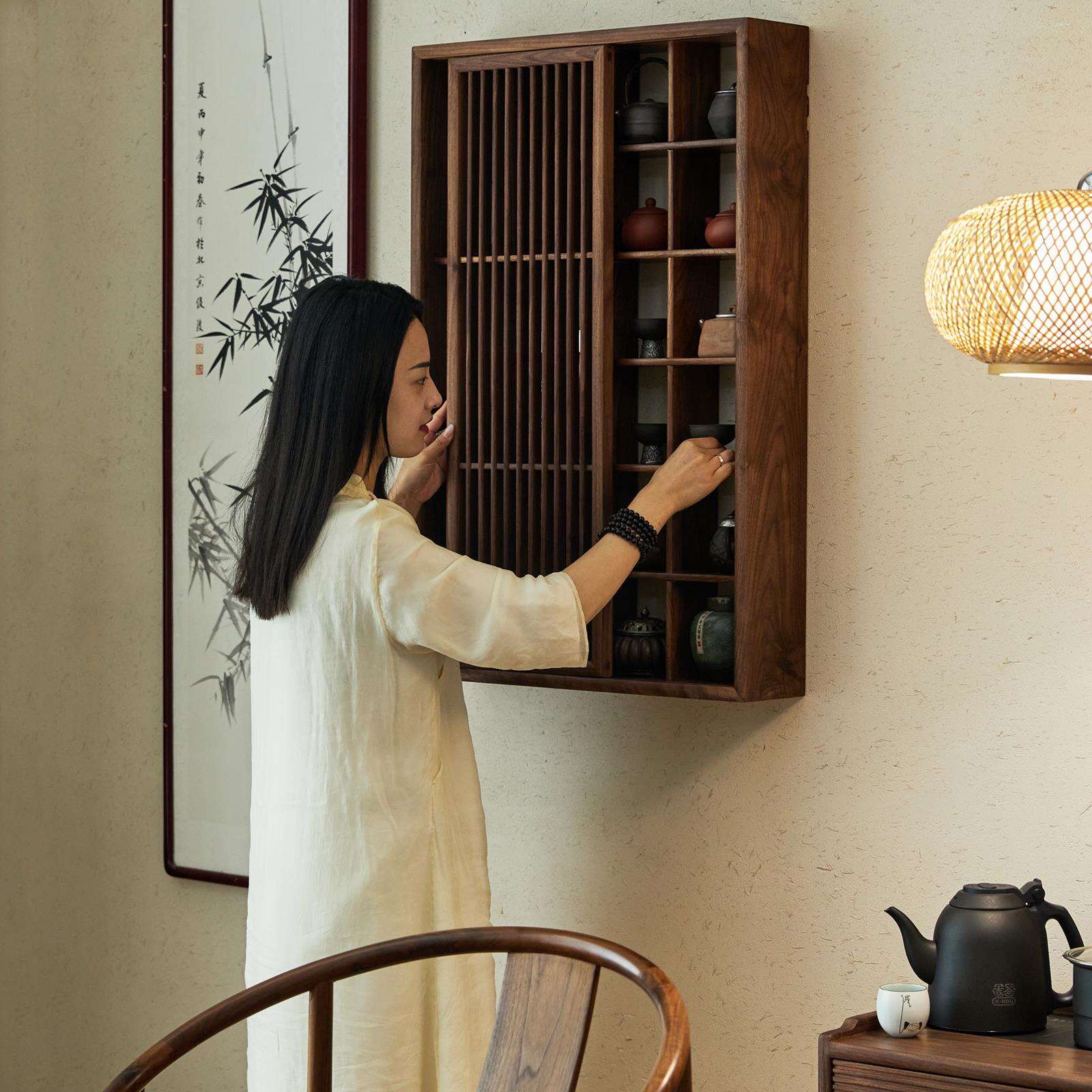 新中式黑胡桃木实木壁挂博古架多宝阁茶具收纳展示置物挂墙格子架