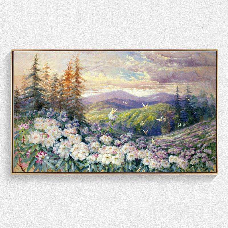 美式乡村风格装饰画奶油风客厅大幅横版靓丽风景植物油画玄关壁画