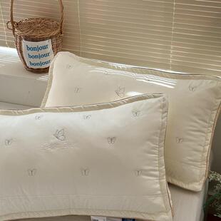 柔软枕芯蝴蝶刺绣贡缎全棉羽丝绒枕蓬松感纯棉护颈枕头单只48*74