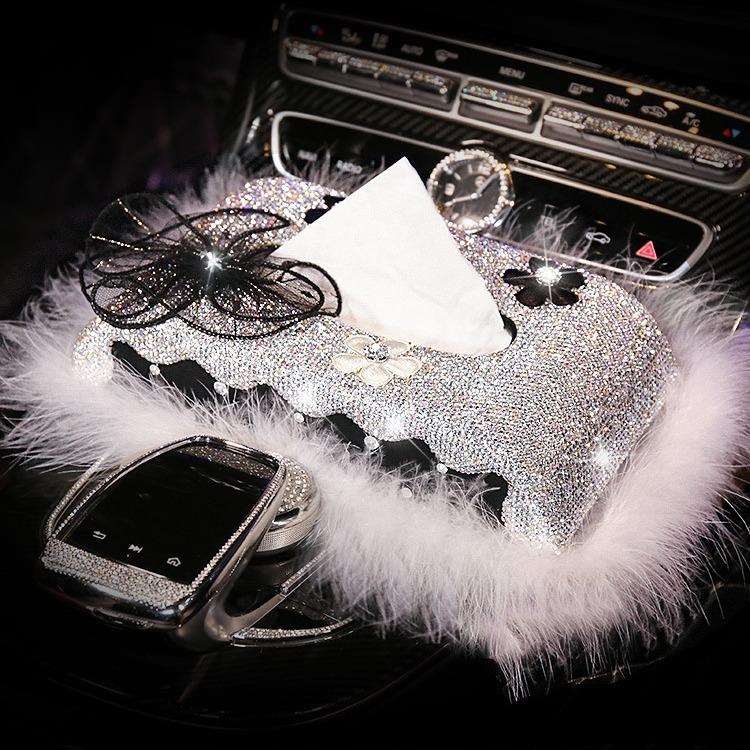 车载纸巾盒抽天鹅镶钻扶手箱座式汽车用品餐巾纸车用抽纸盒创意女