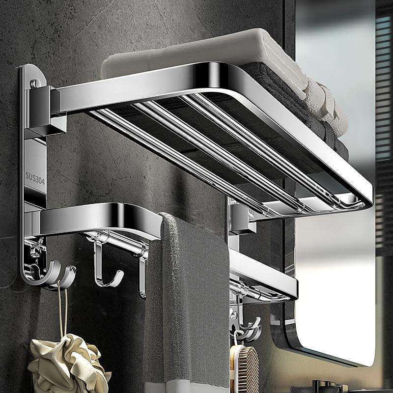 毛巾架免打孔卫生间304不锈钢浴巾架浴室厕所置物架壁挂架子一体