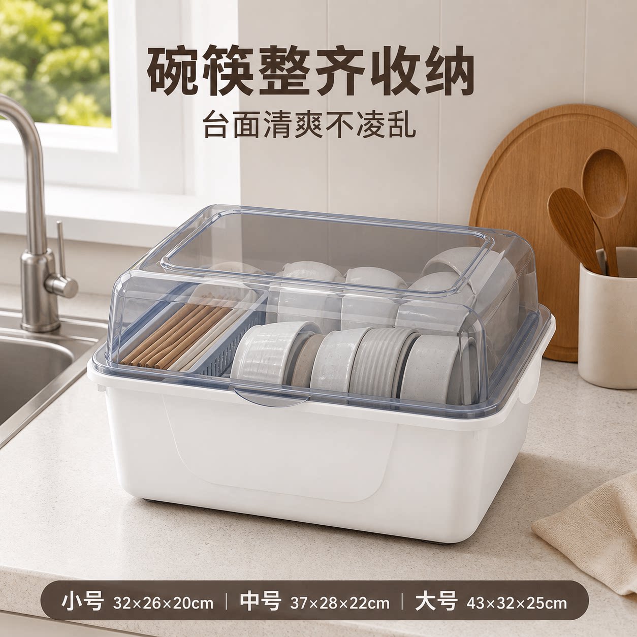 装碗筷收纳盒厨房家用带盖宿舍碗碟置物架塑料碗柜碗箱碗架可沥水