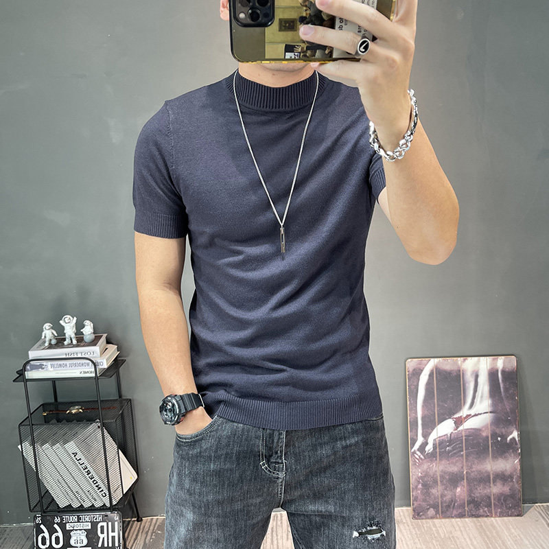 纯色打底衫男立领短袖毛衣秋冬打底针织衫上衣半高领毛衫中领半袖