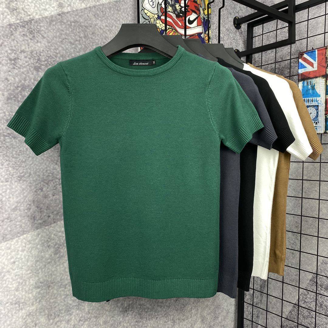 秋冬男士纯色短袖毛衣圆领多色潮流针织衫半袖修身大码时尚打底衫