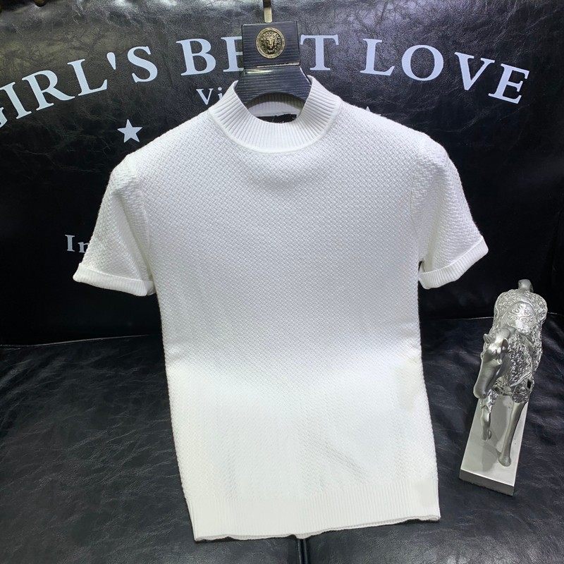 男士半高领提花短袖毛衣秋季时尚潮流修身百搭针织打底毛衫休闲帅