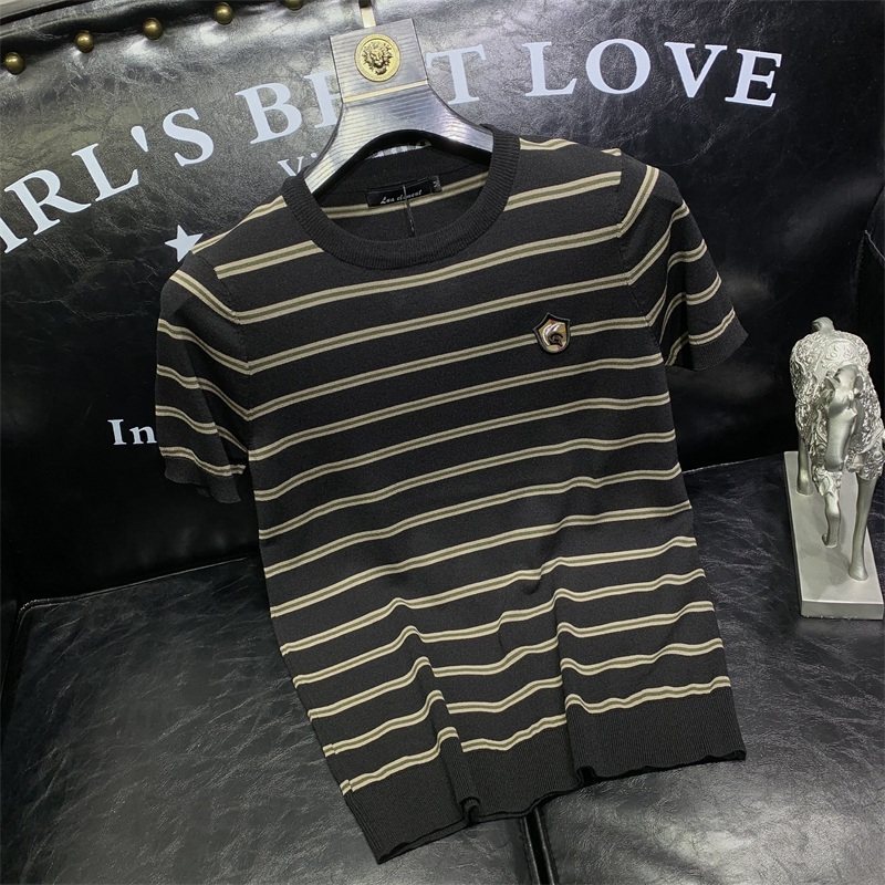 条纹冰丝短袖T恤男夏季时尚潮流修身大码圆领针织半袖打底衫百搭