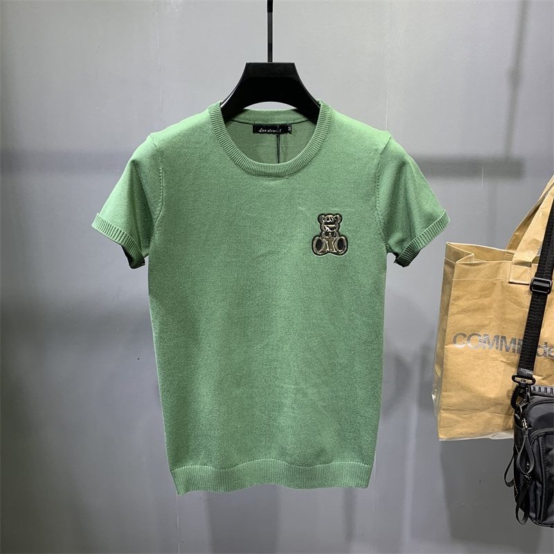 男士圆领大码针织衫半袖纯色百搭小熊图案打底衫2022短袖毛衣潮流