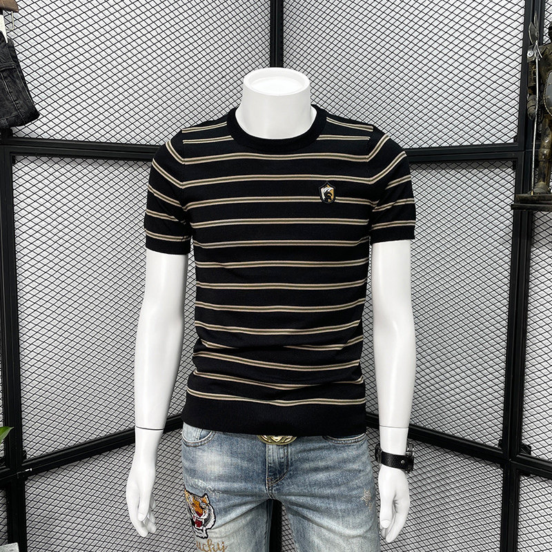 男士条纹短袖T恤2022新款时尚潮流针织半袖夏季潮牌修身休闲打底,男装,时尚防晒服,淘宝优惠券,粉丝福利购,淘宝优惠卷