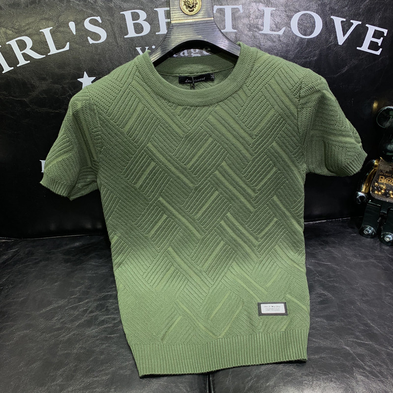 2022秋冬季轻奢时尚新款短袖毛衣男士打底百搭针织衫纯色提花镂空