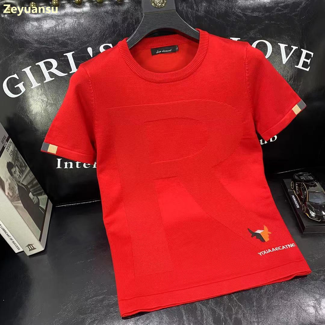 新品针织短袖男圆领毛衣半袖薄款打底衫时尚刺绣青年潮牌上衣2022