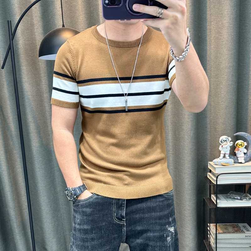 短袖毛衣男秋冬新款撞色紧身半袖针织衫内搭打底衫毛线半截袖上衣