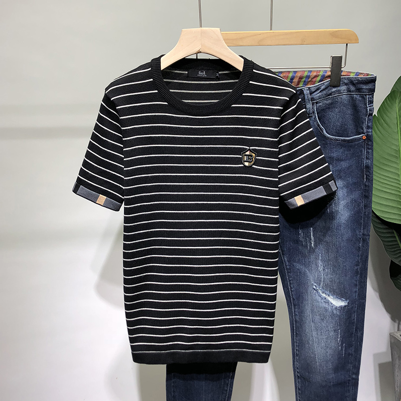 2024春秋季新款男士短袖毛衣圆领半袖针织打底衫条纹修身线衣潮流