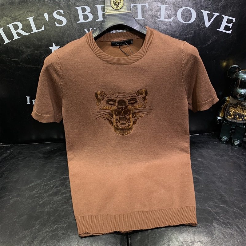 虎头圆领秋冬季男士时尚轻奢短袖毛衣纯色针织帅气半袖大码打底衫