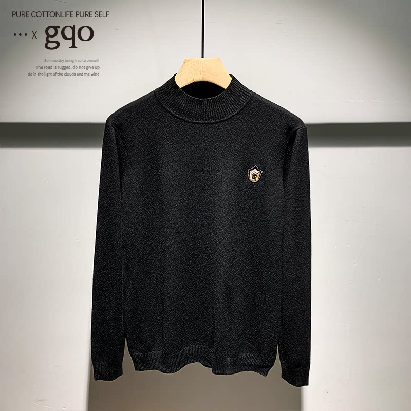GQO高端轻奢个性刺绣圆领针织衫秋冬新款男复古纯色休闲套头毛衣