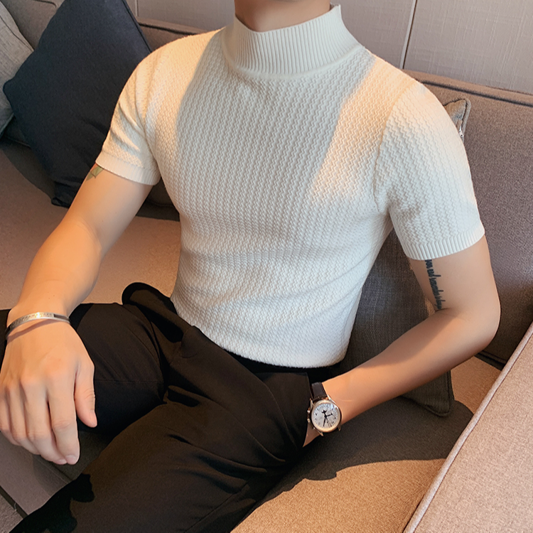 高级感半高领毛衣男秋冬季修身针织短袖打底衫上衣男士内搭毛线衣