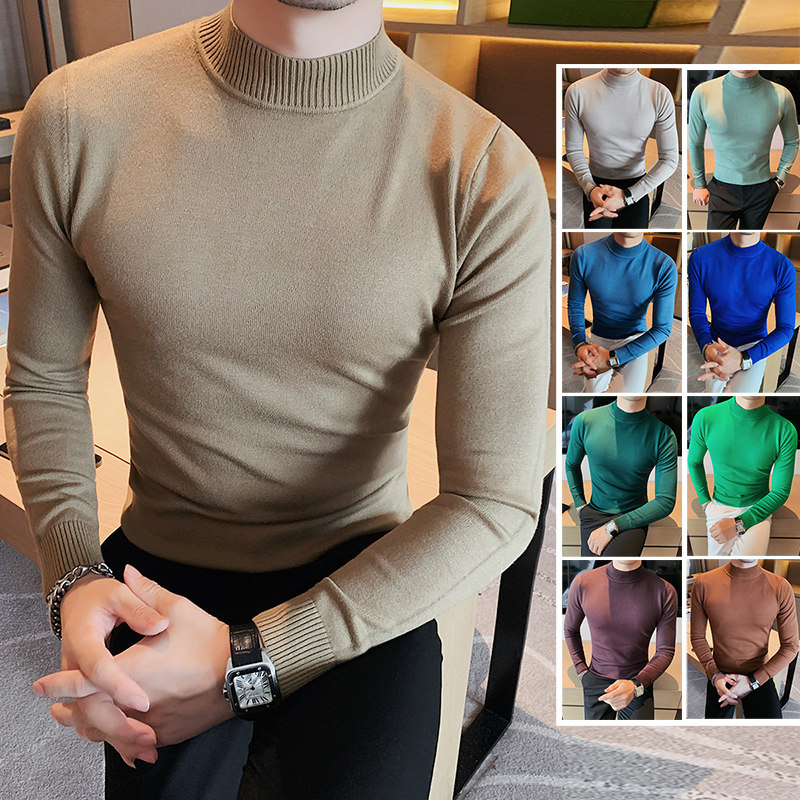男士半高领毛衣秋冬季高级感修身长袖t恤内搭小衫中领针织打底衫