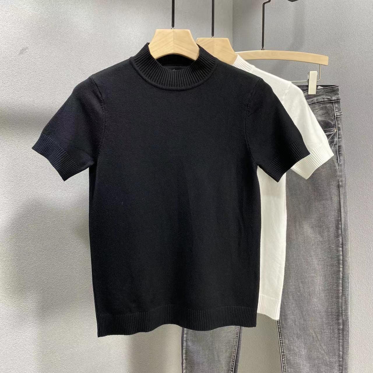 秋款男士半高领针织短袖韩版修身纯色半袖T恤潮男紧身中领打底衫
