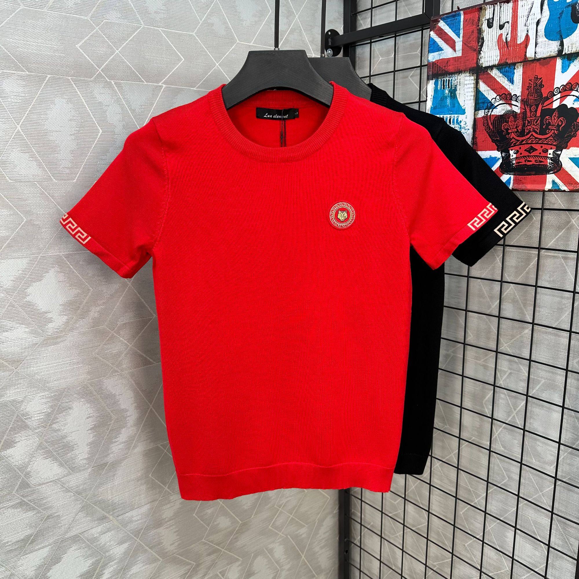 2025新款圆领短袖针织衫韩版休闲修身红色新年打底衫潮牌青年毛衣