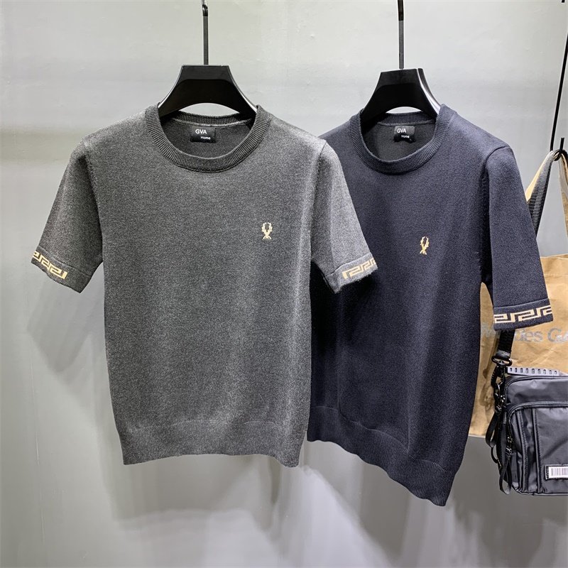 秋冬季男士紧身短袖毛衣刺绣2022新款毛衫潮牌修身大码针织衫半袖