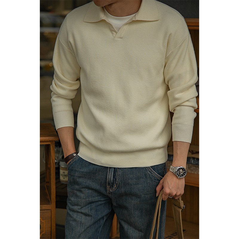 2024潮男美式复古重磅马球服polo针织衫V领套头毛衣抗起球秋冬男