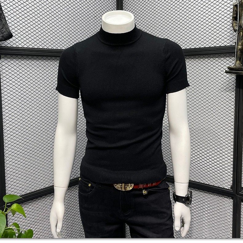 男士针织衫短袖潮牌2022新款春秋季修身半高领毛衣纯色内搭打底衫
