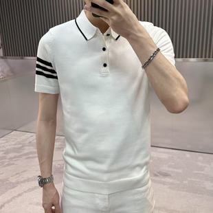 百搭弹力翻领T 2025夏季 欧货轻奢条纹针织短袖 POLO衫 男时尚