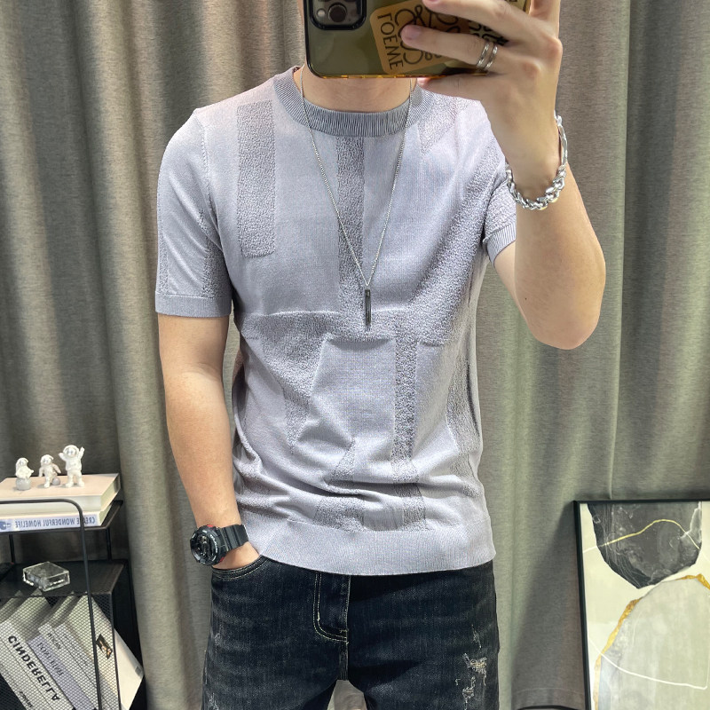 冰丝短袖针织衫男2023夏季新款男士修身弹力紧身衣服青年男装上衣