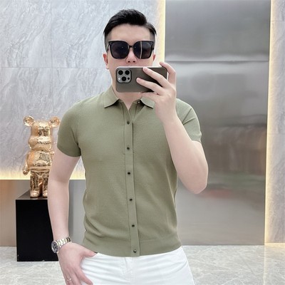 2025春夏季网红新款修身帅气简约百搭翻领短袖T恤男半袖薄针织衫