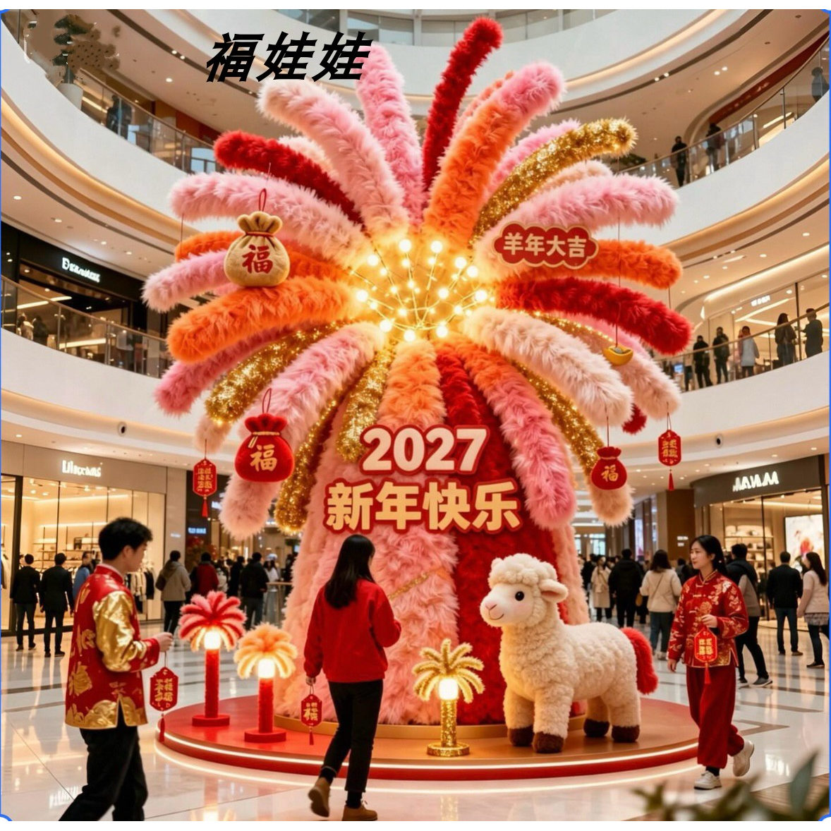 2027春节立体字烟花树毛绒摆件