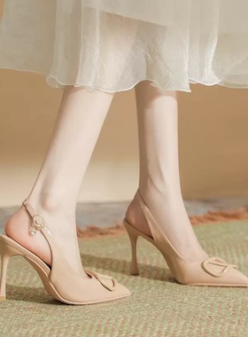 后空细跟搭扣漆皮高跟鞋性感百搭高级感大码加肥加宽30-44